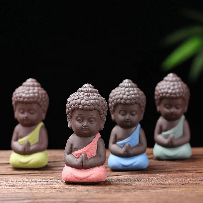 Colored Clay 3.2*7.5cm  Ornaments  Handmade Tea Pet Small  Smile Laughing  Little Monk Ceramic Buddha Statue for Car Decoration