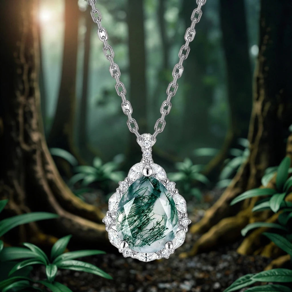 Natural Unique Stone Green Agate Gemstone Necklace Pure Silver 925 Water Droplets Pear Shape Crystal Moss Agate Pendant Necklace