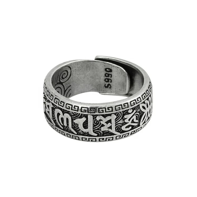 Buddhist Tibetan Black & Silver Om Mani Padme Hum 6 True Words Mantra Rings With Adjustable Wedding Band