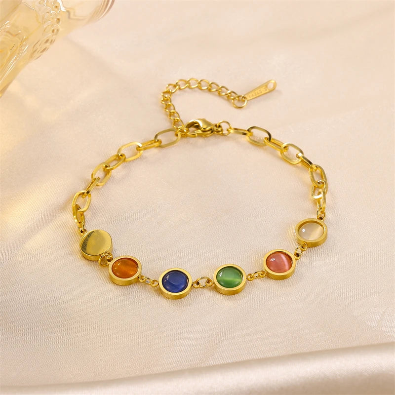 18k Gold Plated Stainless Steel Fashion Jewelry Waterproof Round Cateye Beads Bracelets for Women