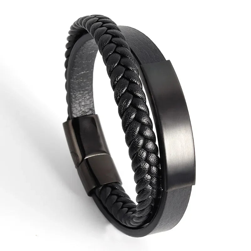 Punk Braided Wrap Leather Bracelet Handmade Beads Bracelet Men Luxury Silver Metal Tube Multilayer Leather Bracelet OT-078