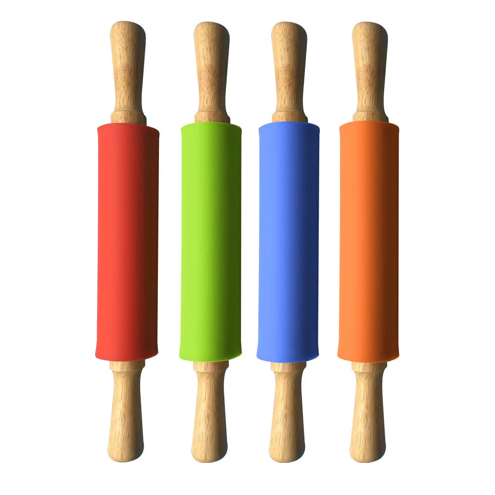 Silicone Rolling Pin Non-Stick Baking Dough Roller Kitchen Tools with Wooden Handle