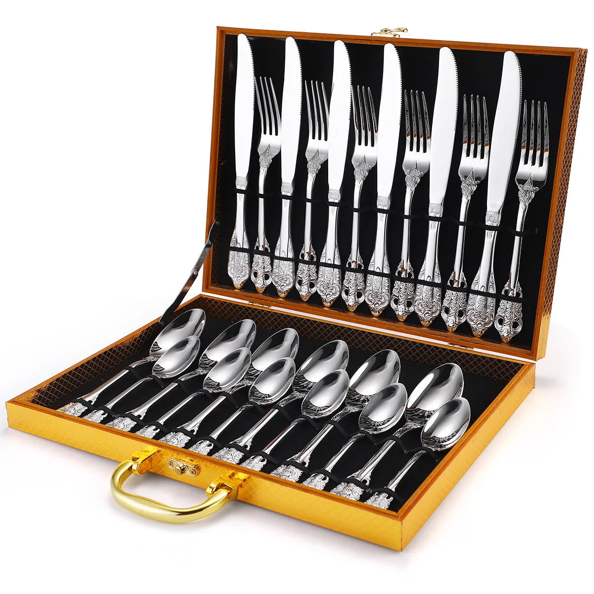 Metal Luxury Style Flatware 24 Piece Silverware Set 24pcs Royal Spoon and Fork Set Stainless Steel Gold Cutlery Set for Wedding