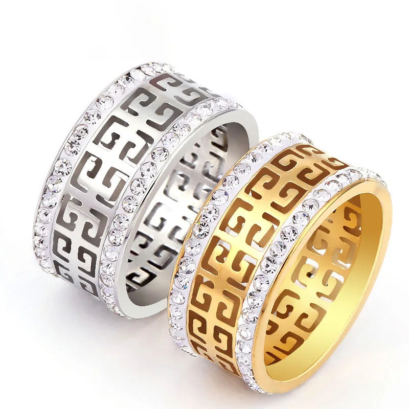 G448 Great Wall Pattern Stainless Steel Jewelry Rhinestone Women Men Ring