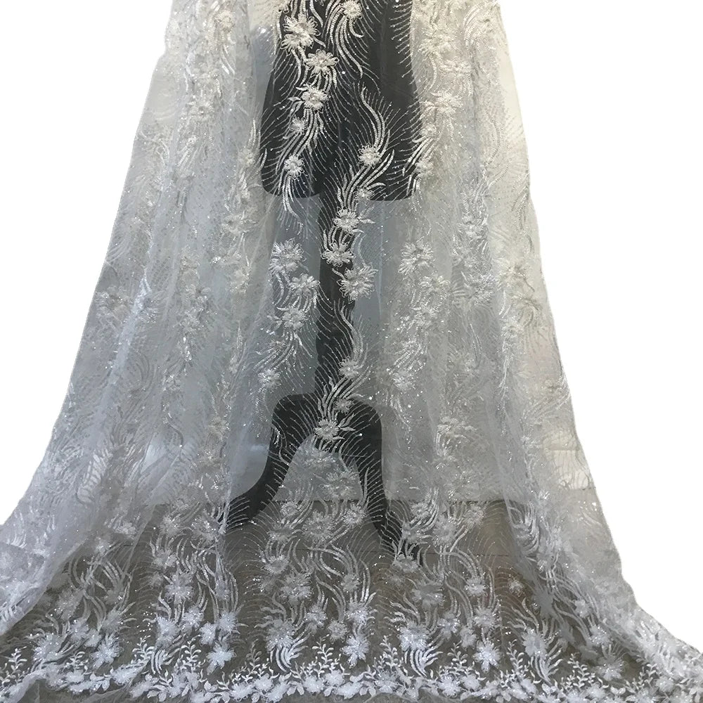 Ready to Ship No Moq Ivory White Embroidery Sequin Lace Fabric Glitter Beads Lace Fabric for Bridal Dress