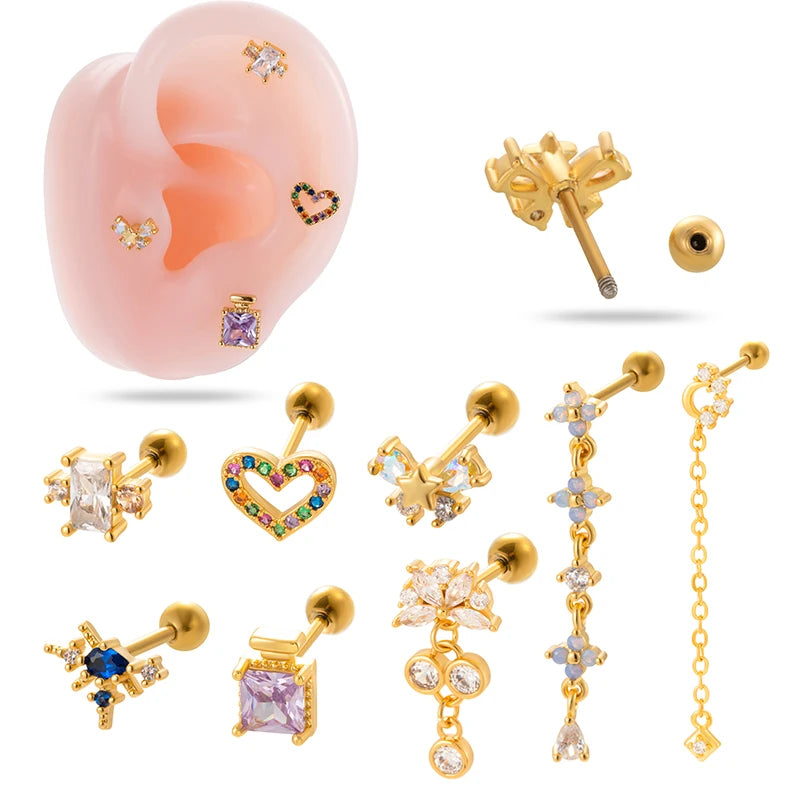 HENGSEN Colorful Zircon Heart butterfly Flower Long Chain Dangle Ear Cartilage Piercing Helix Stud Earrings Screw Back