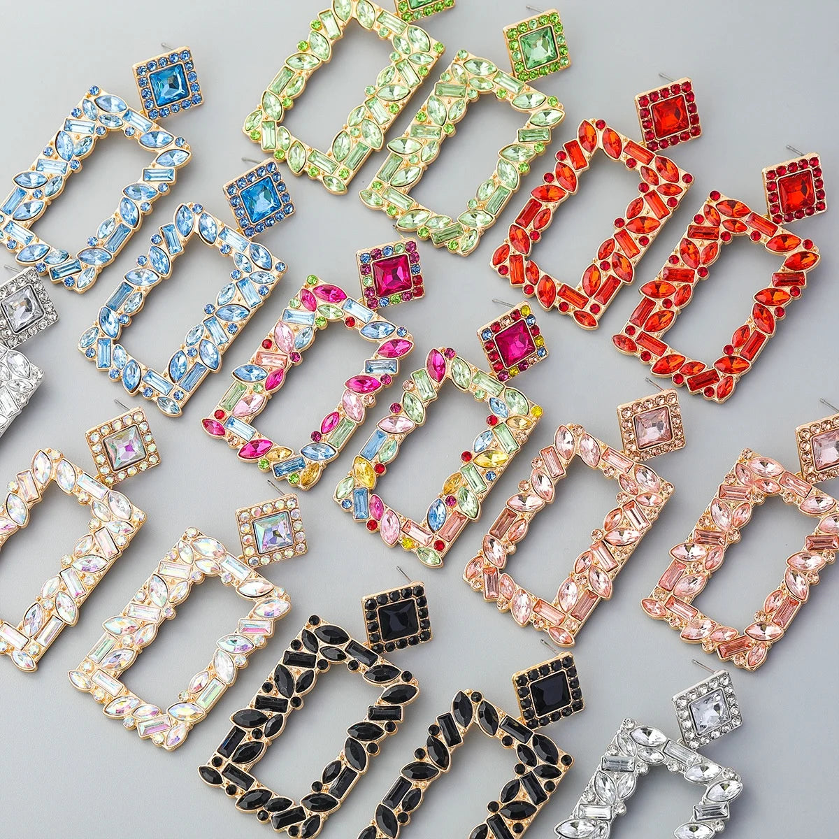 Sparkly Crystal Geometric Drop Statement Earrings Rhinestone Square Dangle Earrings
