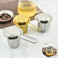 Silver Fine Mesh Filters Tea Steeper Strainer Stainless Steel Tea Infuser Basket With Folding Handle & Lid on Teapots Mugs Cups