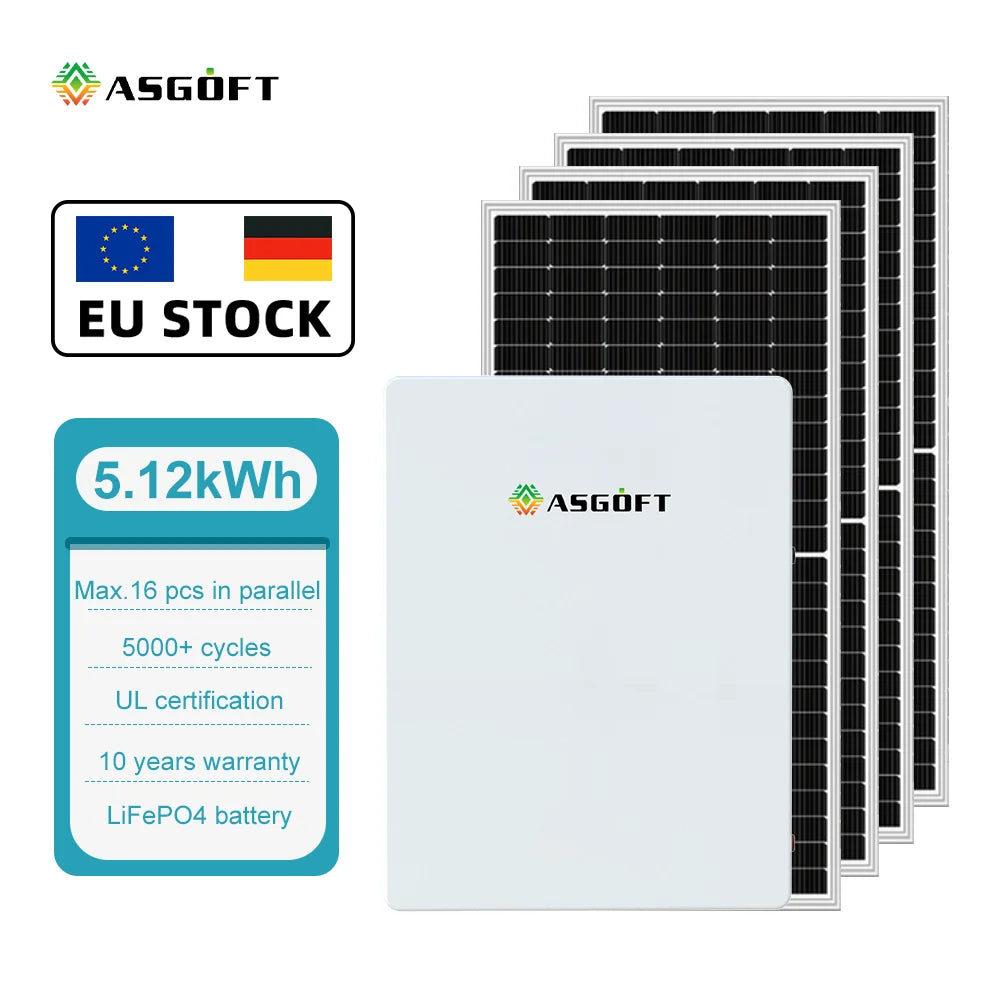 EU Warehouse Stock 5kWh Wall Mounted LiFePO4 Battery 51.2V Lithium Ion Energy Storage Battery for Residential Solar Power System