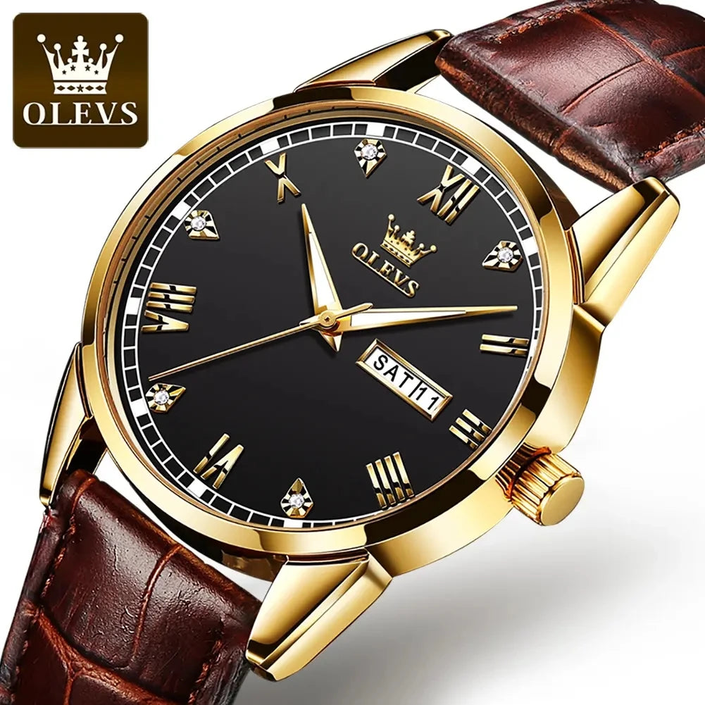 OLEVS Watch for Men 6896 Luxury Leather Calendar Waterproof Automatic Week Quartz Wrist Watch Men's Watches Reloj Hombre