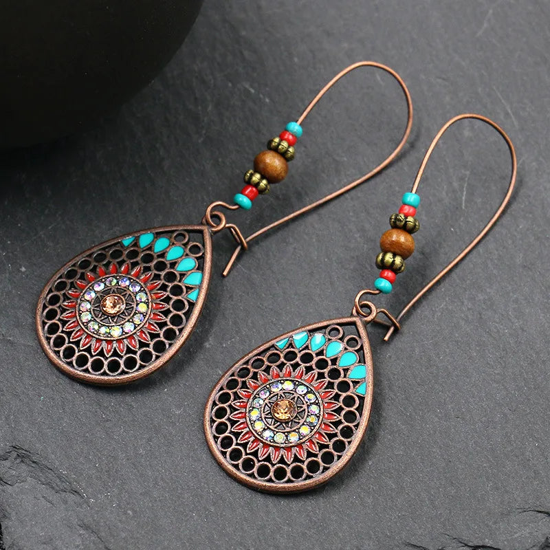 Vintage Boho Ethnic Style Sunflower Water Drop Shaped Pendant Bohemian Earring Jewelry for Women Ladies