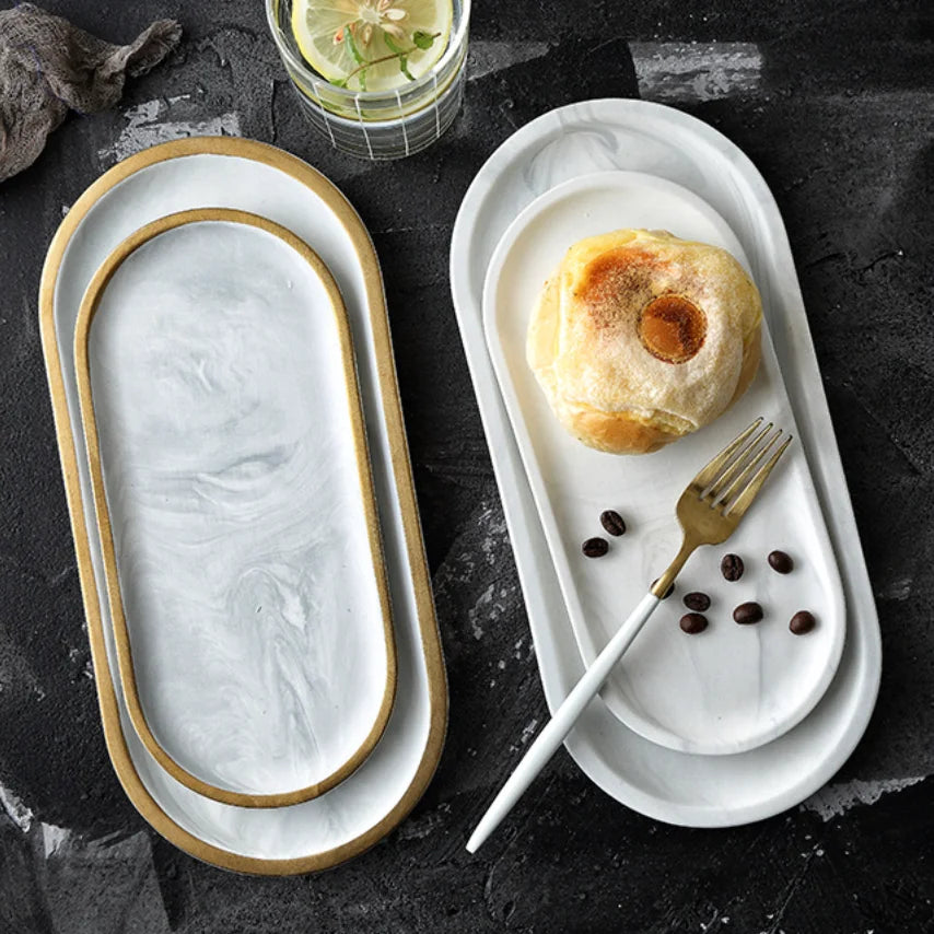 Nordic Minimalist Style Eco-Friendly Customized Ceramic Oval Tray Storage Plate Marble Pattern for Home Breakfast Dessert