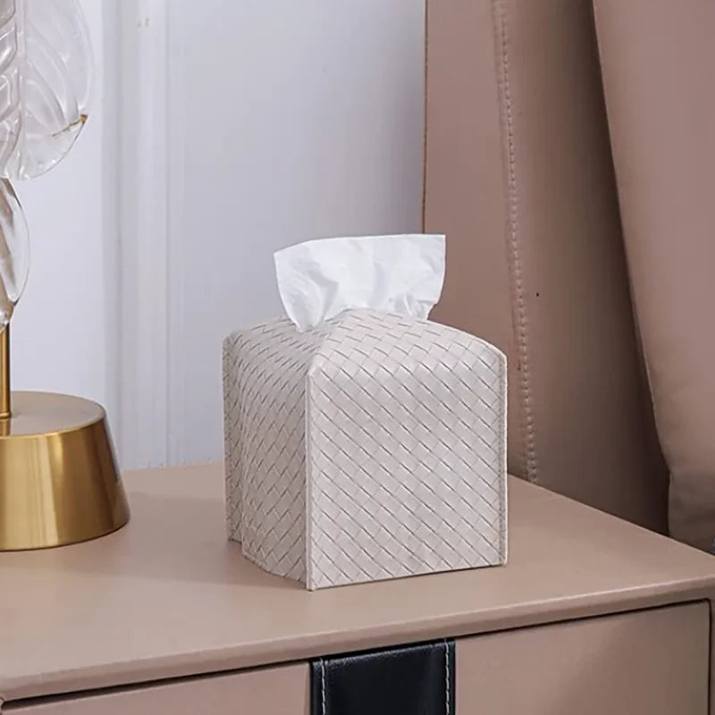 Woven Pattern Tissue Box Cover Small PU Leather Square Facial Tissue Case Desktop Kitchen Tissue Holder