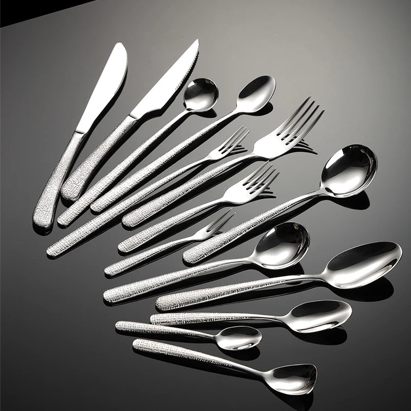 Luxury Restaurant Hotel Cutlery Set Silver Metal Stainless Steel 304 Spoon Fork Knife Flatware With Hammer Pattern Handle1011032 MegaBDM