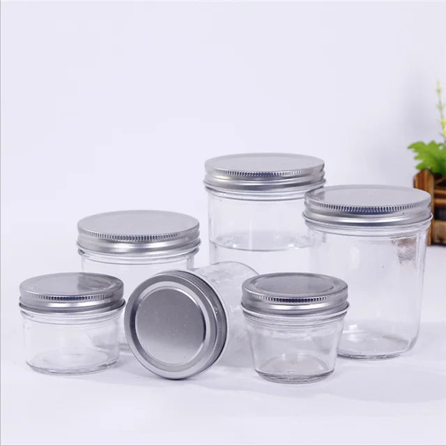 Empty Manufacturer Different Sizes Wide Mouth Glass Mason Jar Metal Screw Cap Lid Hot Stamping Custom Color Logo
