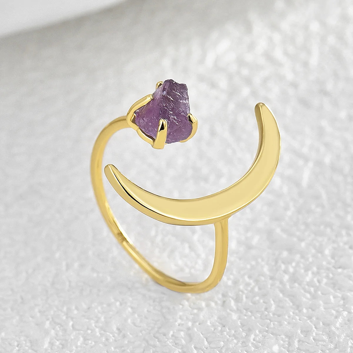 New Fashion Personalized Crescent Moon Ring Adjustable Natural Raw Stone Amethyst Open Ring Gift for Women