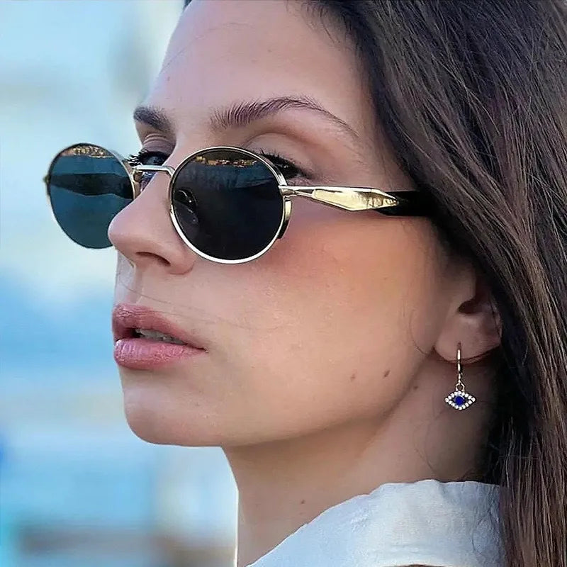 QSKY New Trendy Women Metal Personality Sunglasses Retro Oval Small Frame Uv400 Sunglasses