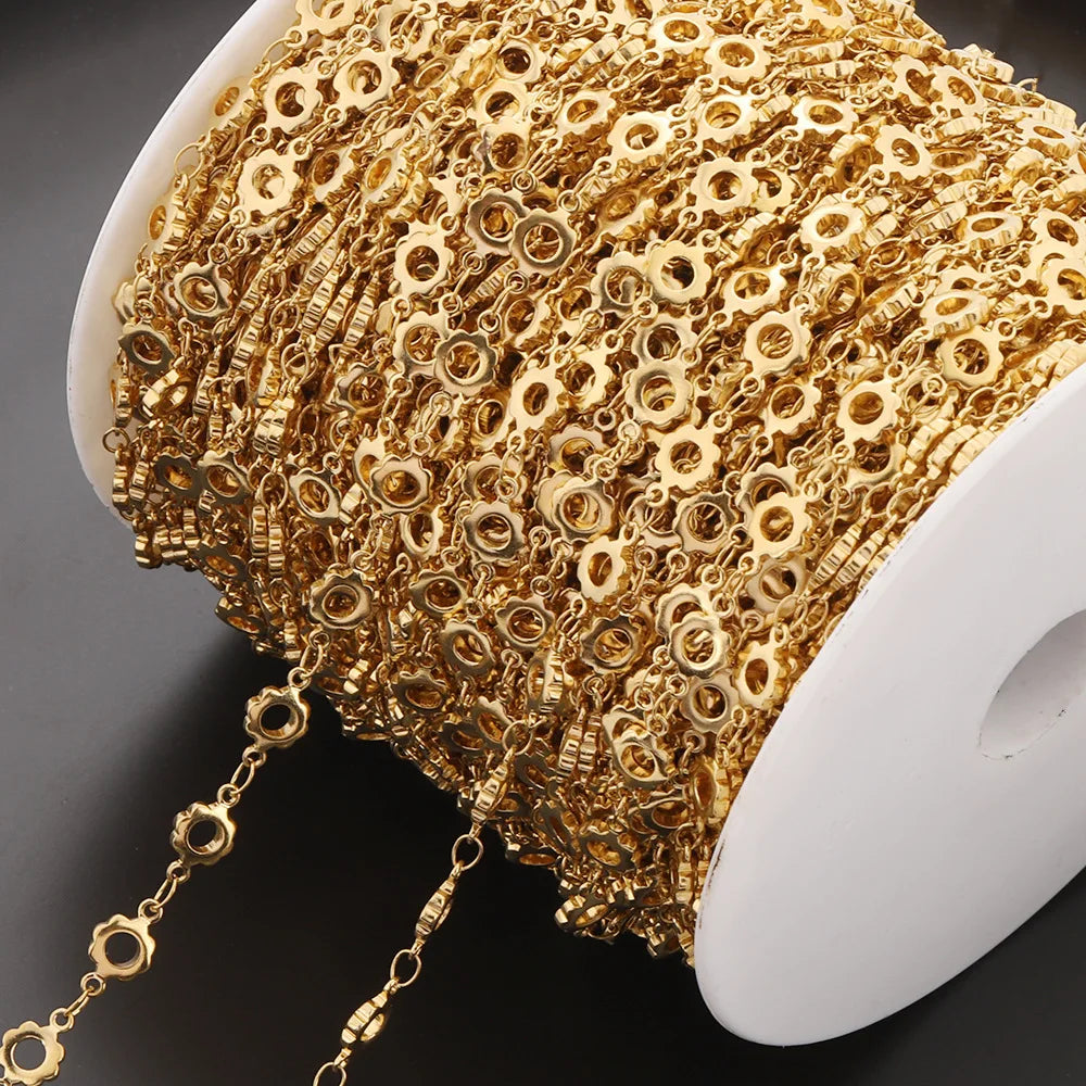 Fashion 18k Gold Plated No Tarnish Stainless Steel Sun Flower Connector Round Chain for Jewelry Bracelet Accessories