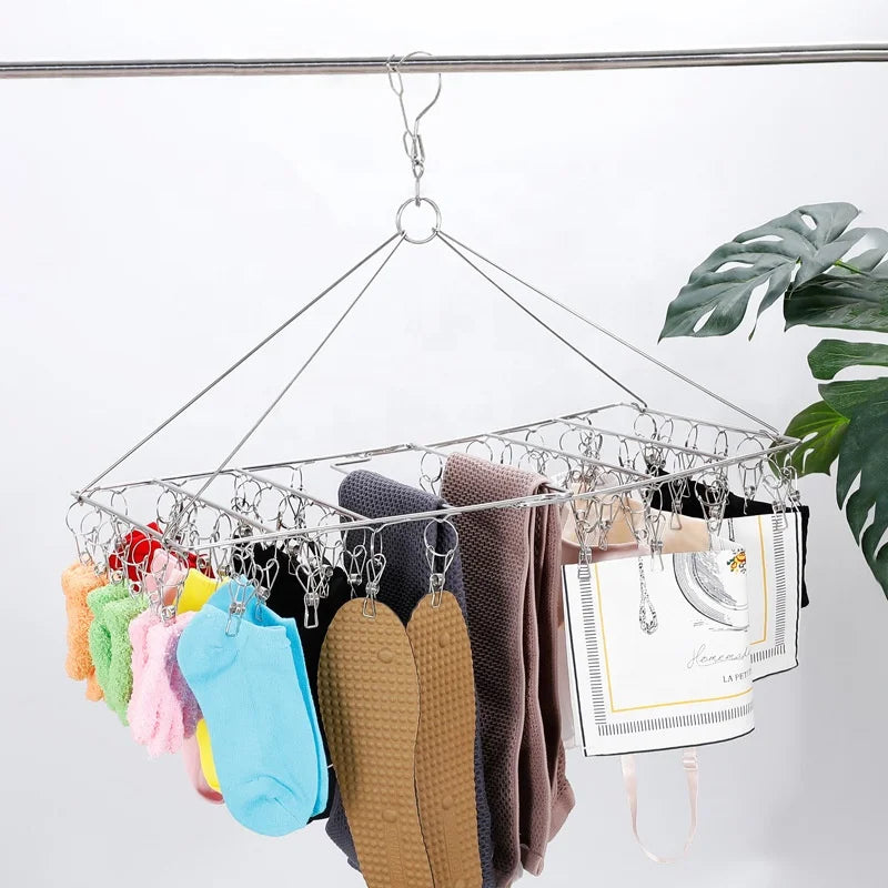 Hot Sales Clothes Folding Socks Hanger and Drying Rack Stainless Steel 44 Clips and Metal Silver Modern