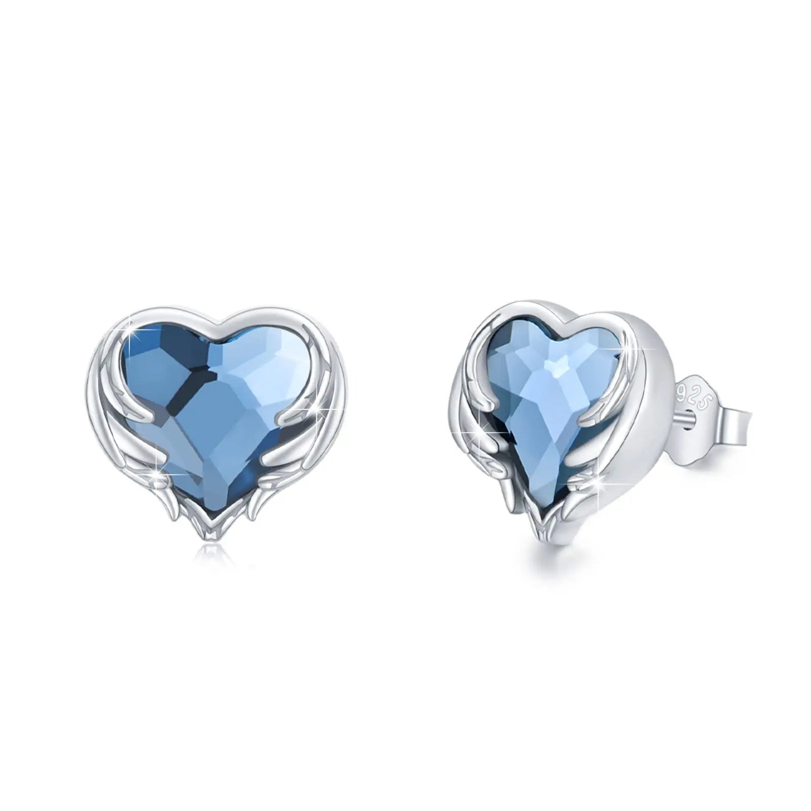 Fine Jewelry 925 Sterling Silver Blue Crystal Love Angel Wing Stud Earrings for Women