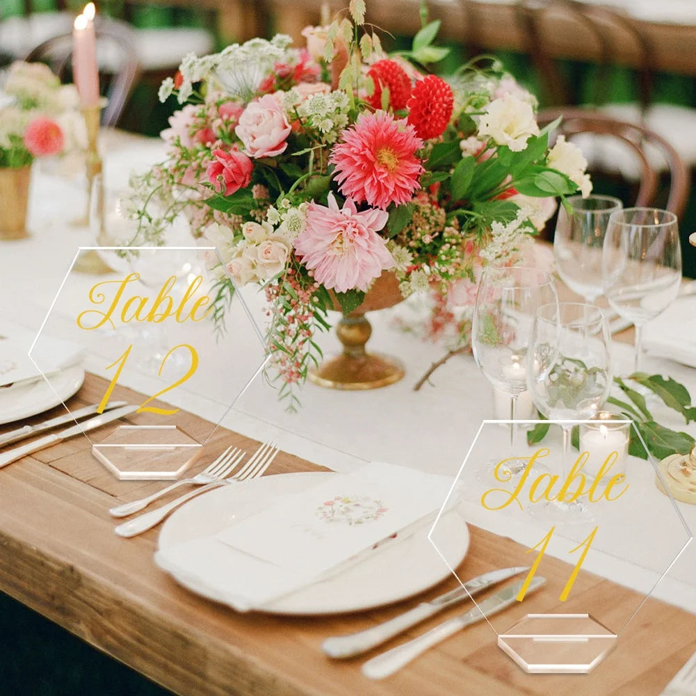 Ourwarm Clear Hexagon Cards Gold Wedding Decorations Acrylic Holders Table Number for Wedding