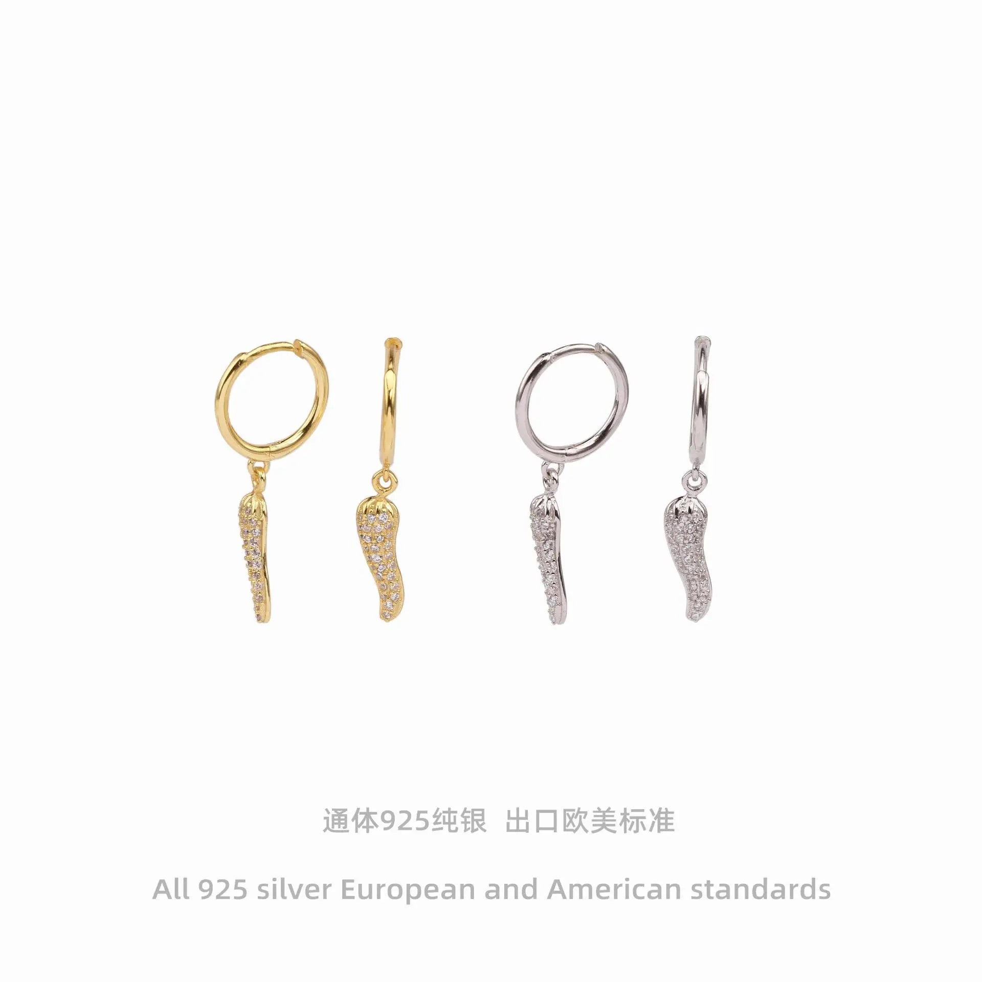 Wholesale Fashion Jewelry 925 Sterling Silver Chilli Cubic Zircon Gold Plated Hoop Earrings Jewelry for Women