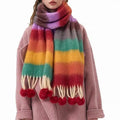 Soft Winter Warm Thick Shawl Gifts Women Rainbow Striped Thick Shawl  Scarf  With Pom Pom