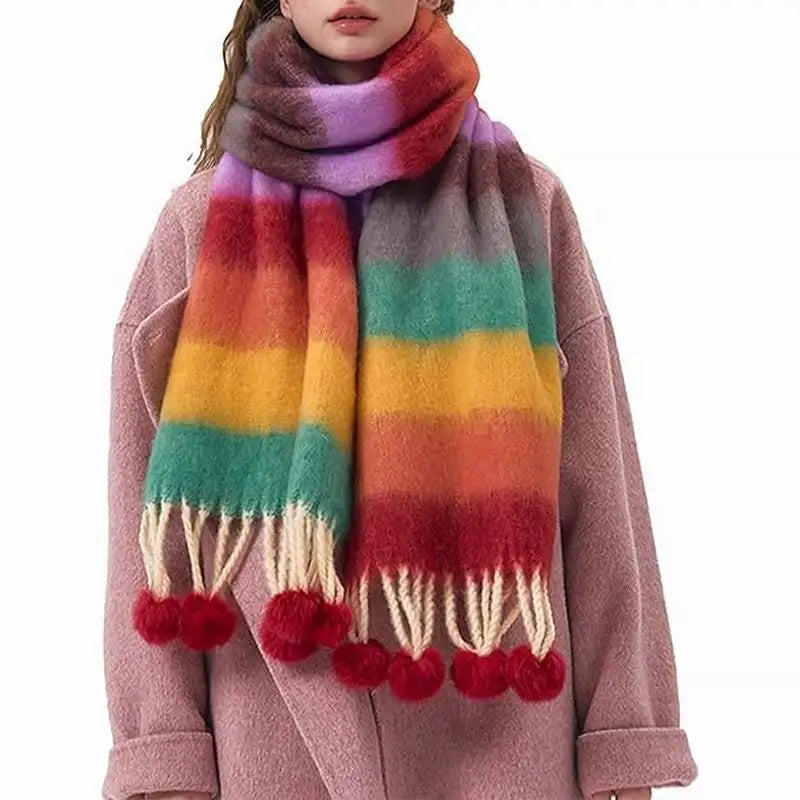 Soft Winter Warm Thick Shawl Gifts Women Rainbow Striped Thick Shawl  Scarf  With Pom Pom