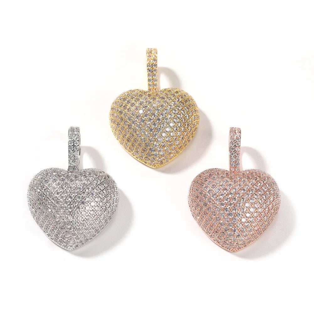 European and American Hiphop Rock Fashion Iced Out Cz Full Diamond 3d Gold Heart Shape Couple Pendant Necklace