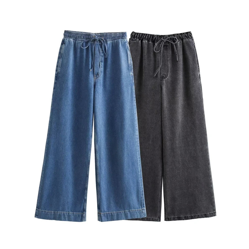 ZATRHMBM 2024 Women's New Fashion Casual Retro Jeans Denim Pants With Elastic Waist Loose Fit and Solid Pattern for Ladies