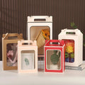 New Gift Bag Kraft Paper Cardboard Portable Transparent Pink Flowers Packaging Bag with Window