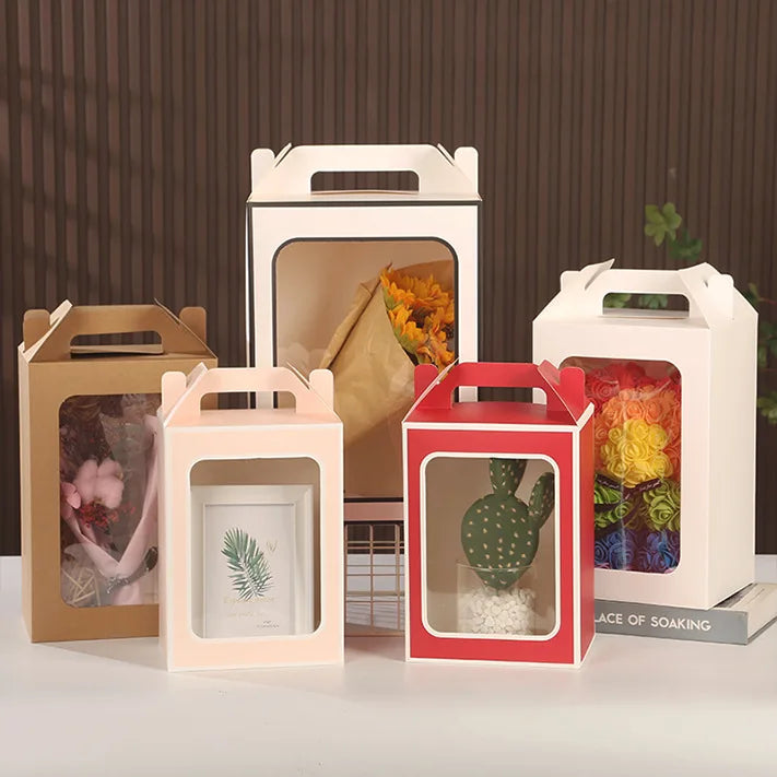 New Gift Bag Kraft Paper Cardboard Portable Transparent Pink Flowers Packaging Bag with Window