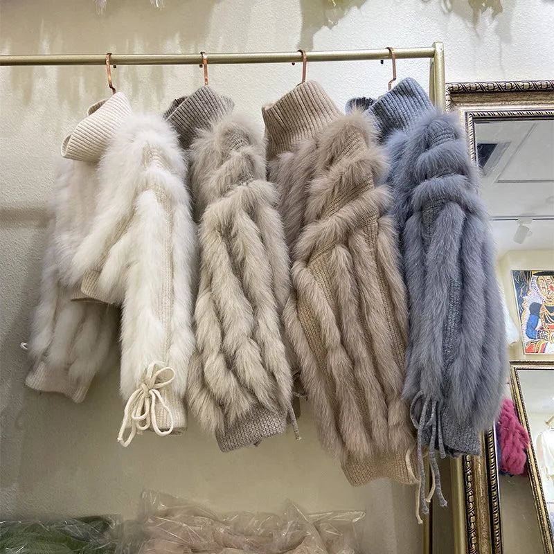 Oftbuy 2023 Women Short Top Sweater Fashionable Long Sleeves Real Fur Knitted Turtleneck Coat Fur Stripe Sewed Together Sweater