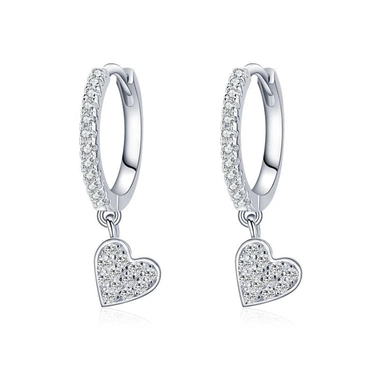 Factory Wholesale Love Heart Zircons Hoop Earrings 925 Sterling Silver Small Dainty Minimalist Drop Earrings
