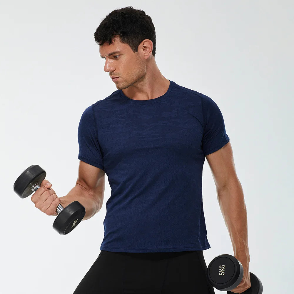 Wholesale Men's Sports Clothing Short Sleeve Rurnning Camouflage Jacquard Polyester GymT Shirt for Man