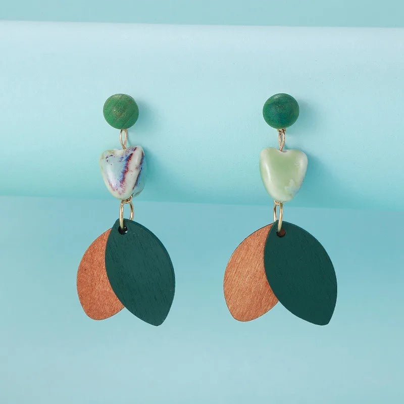 Vintage Female Ethnic Wind Ceramic Triangular Five-Pointed Star Long Cross Border Earrings Wood Leaf Pendant Earrings Fashion