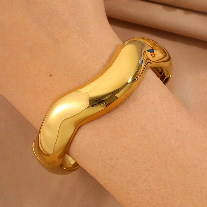 Irregular Chunky Stainless Steel Wave Bangle Waterproof Bracelet En Acier Inoxydable Gold Bangles