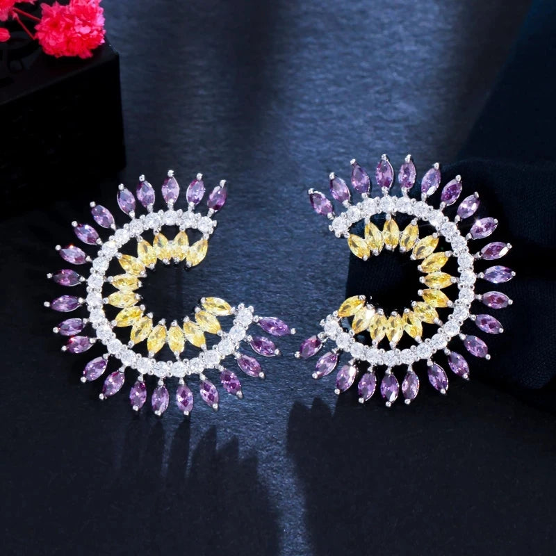 Fashion Brand Ladies Jewelry Unique Design Beautiful Round Purple and Yellow CZ Crystal Women Big Stud Earrings