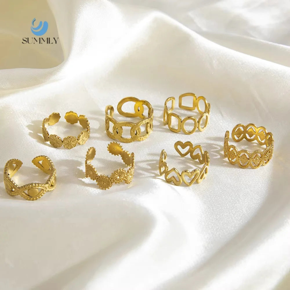 SUMMLY Vintage Trend Wholesale Simple Flower Shape 18K Gold Plated Stainless Steel Open Ring Fashion Jewelry