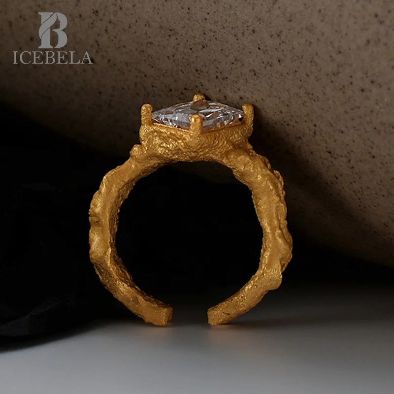 ICEBELA Fine Jewelry S925 Sterling Silver Western Style Luxury 18K Gold Plated Inlaid Gemstone Textured Rings for Girls