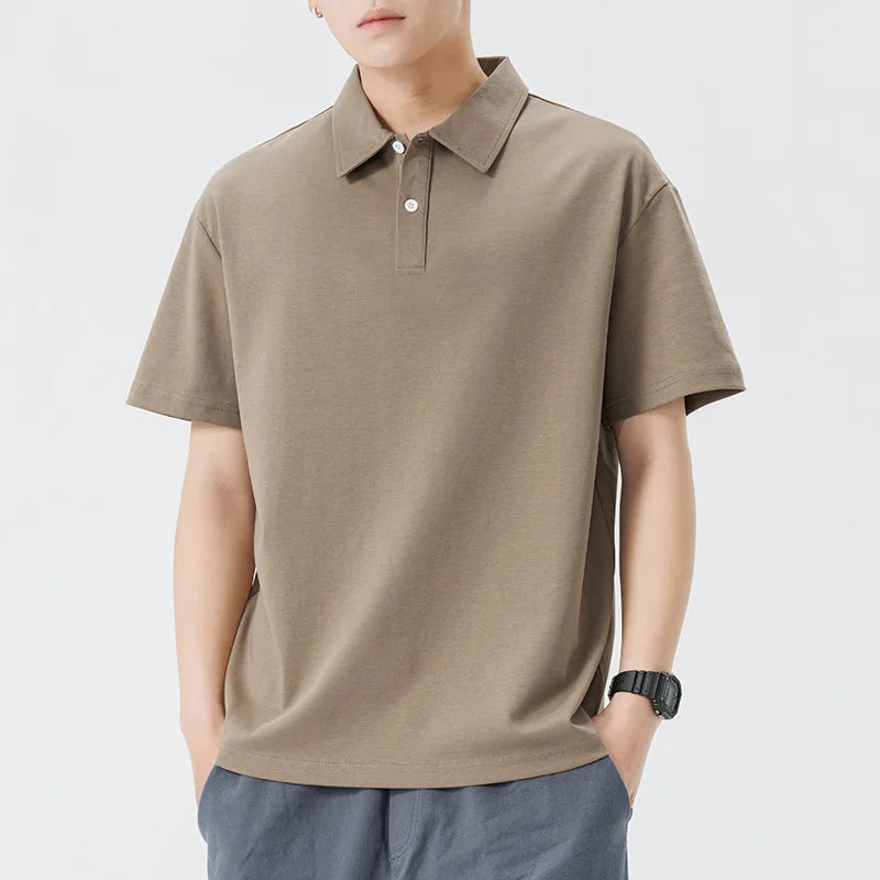 Men's Summer Short-Sleeved Basic T-Shirt Heavy Solid Jersey for Polo with Light Print Pattern