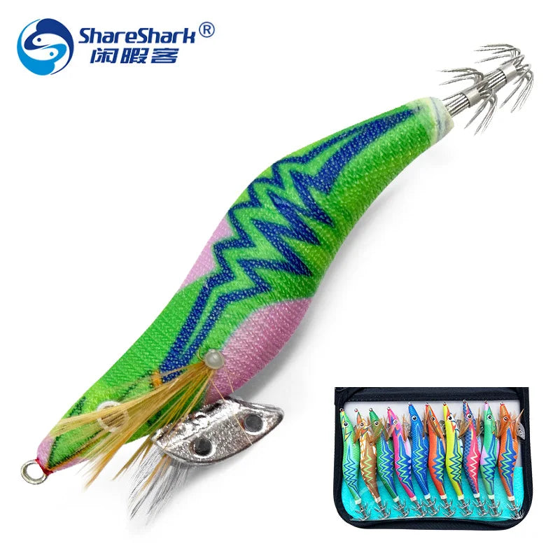 Glow Squid Jig Floating Octopus Squid Lure Hard Luminous Bionic Wooden  Shrimp Fishing Lure Bait Set Saltwater Squid Jig Hook