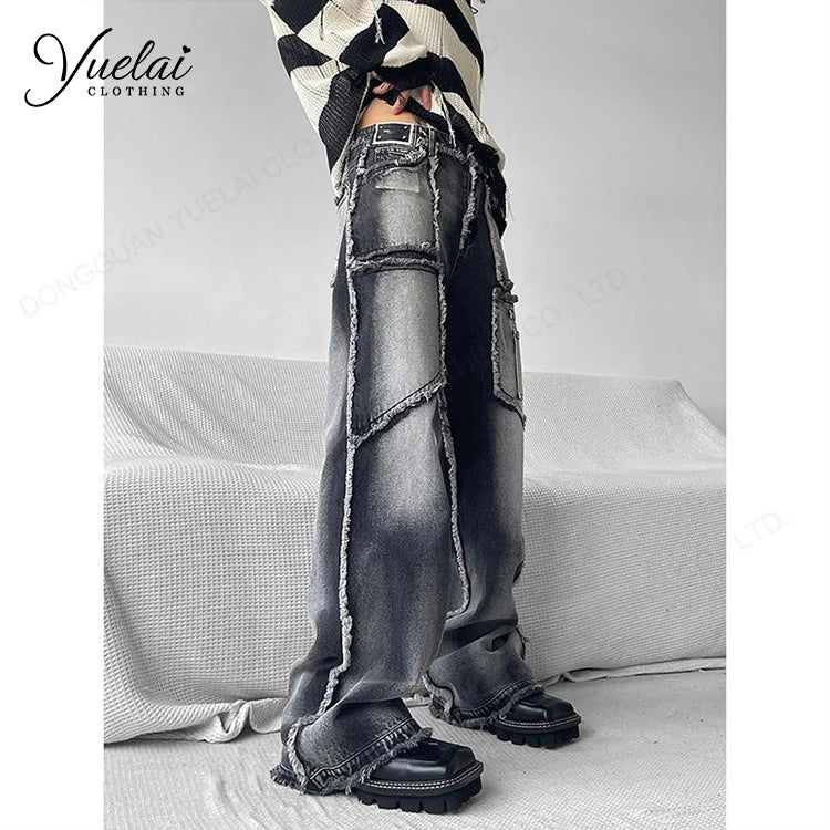 Clothing Manufacturers Custom Hip-Hop Wide-Leg Denim Pants Fashion Street Style Frayed Loose Men's Skate Jeans