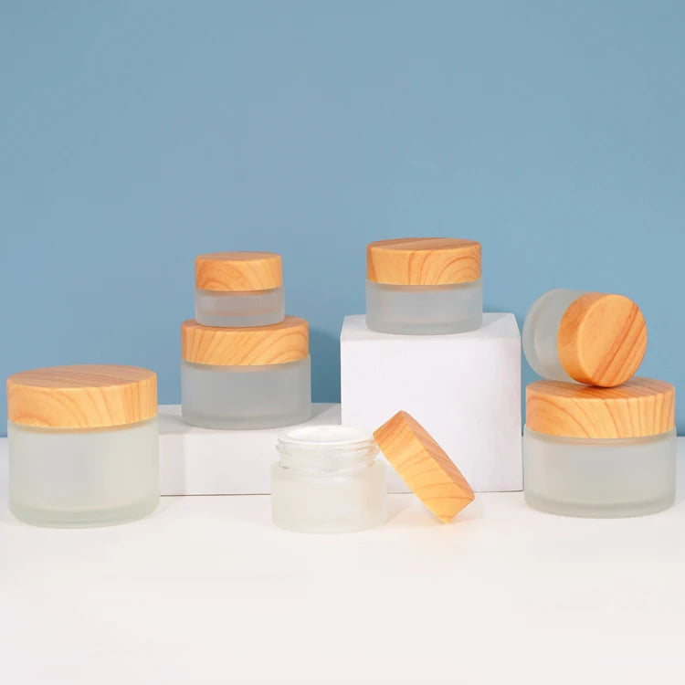 Luxury Clear Frosted Cosmetic Glass Cream Jar 5ml to 60ml Capacity Empty Packaging with Wooden Cover Plastic Cap Bamboo Base