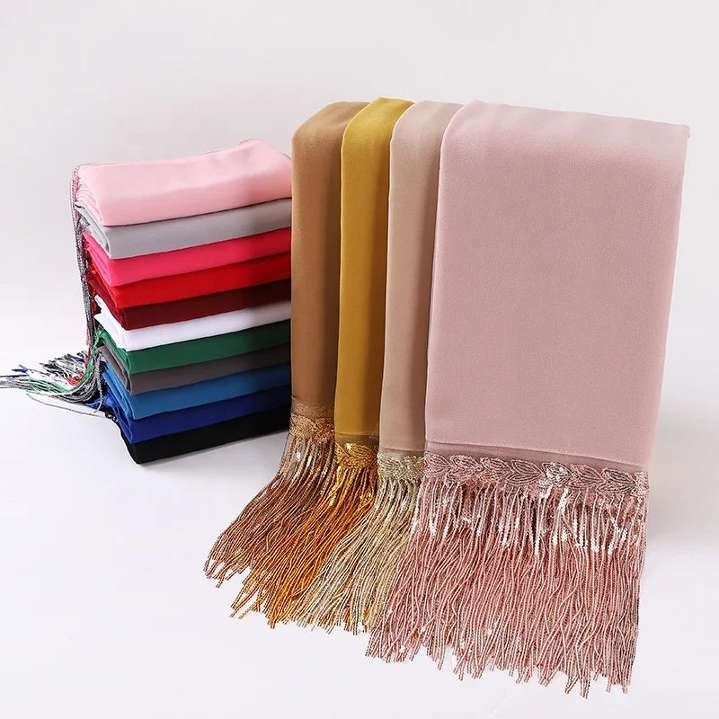 Zifeng OEM Tejido Bufanda New Fashion Tassel Sequin Pearl Chiffon Muslim Hijab