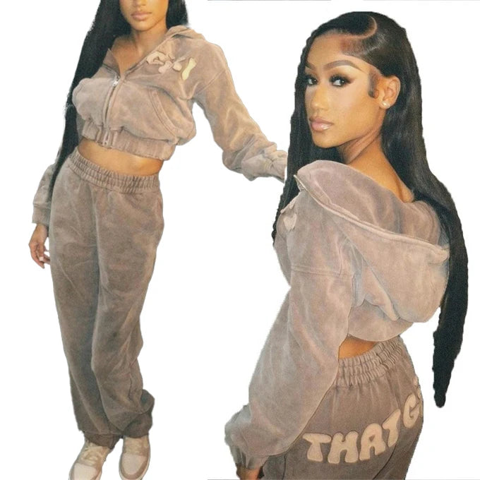Custom Tracksuit High Quality Women Full Zip Distressed Acid Wash Cropped Hoodies Sweatpants Jogging Suits