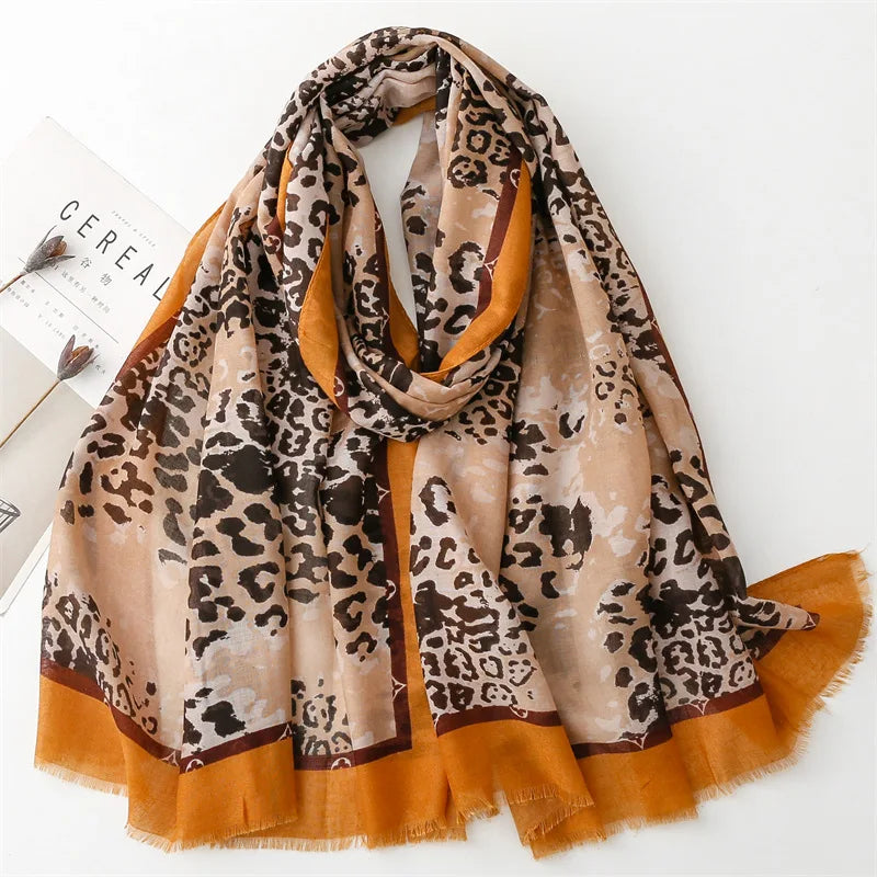Newest Arrival 2024 Fashion Yellow Leopard Pattern Printed Hijabs Summer Soft Long Beach Cover up Shawls Women Head Wraps Scarfs