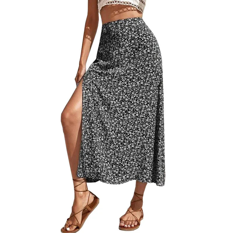 Korean Long Skirt Fashion Ditsy Floral Print Slit Plus Size Dress & Skirts