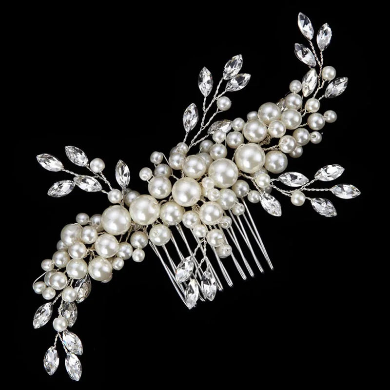 SLBRIDAL Handmade Wired Rhinestones Crystal Pearls Flower Bridal Hair Comb Wedding Headpieces Hair Accessories Women Jewelry