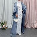 Open Abaya Laser Tie Bow Sleeves Cuff Muslim Women Soft Shining Satin Modest Abaya Islamic Clothing